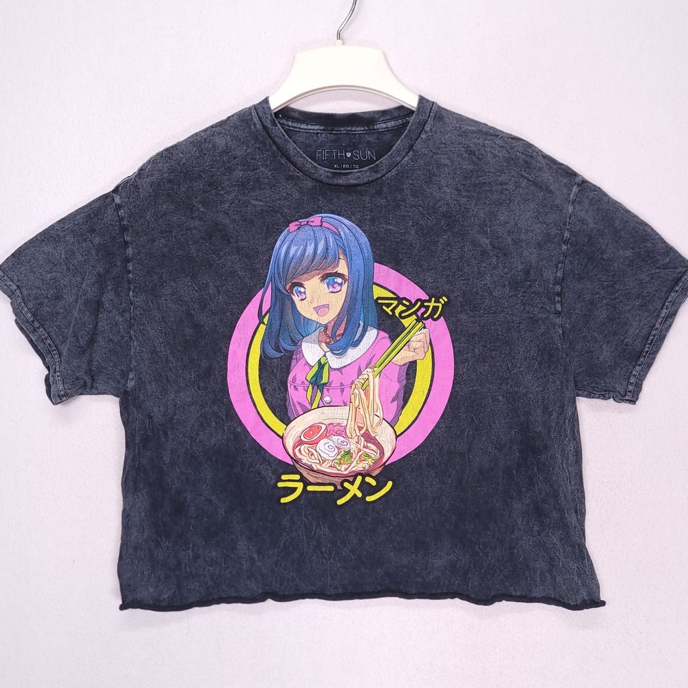 Fifth Sun Anime Ramen Girl Graphic Crop Top XL Charcoal Mineral Wash Raw Hem